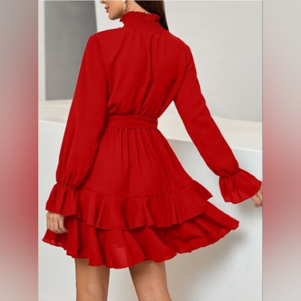 Chic HIGH COLLAR LONG SLEEVE A LINE RUFFLE HEMLINE DRESS SIZE L NWOT - Picture 4 of 11